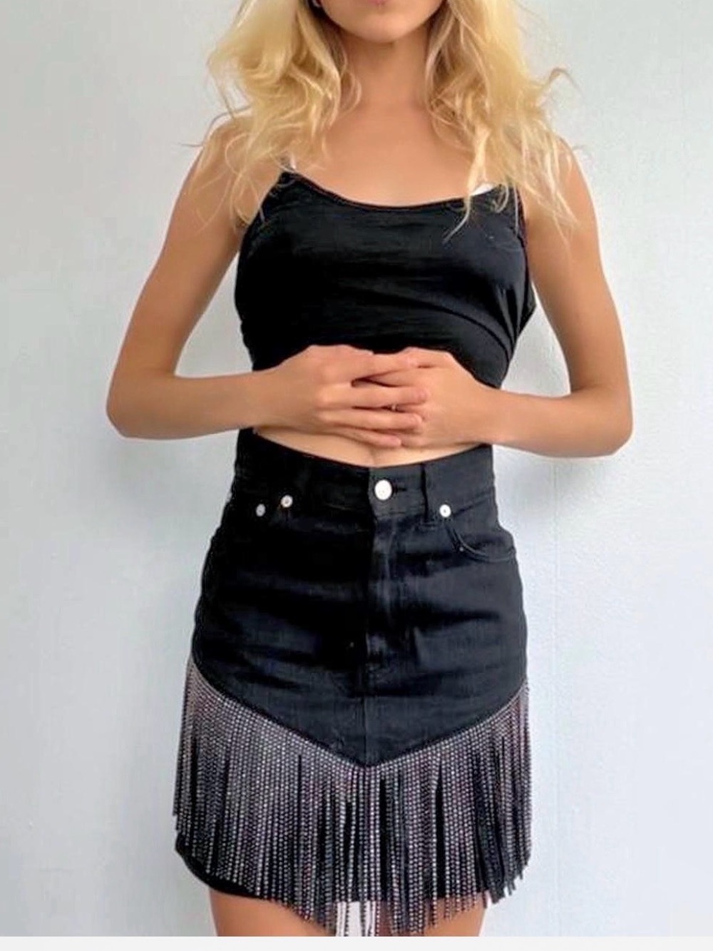 Saint Laurent Black Denim Mini Skirt with Crystal Fringe